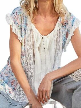 POL Ivory Print Draped In Lace Top Sz M Adjustable Neckline Lace-Panel NWT